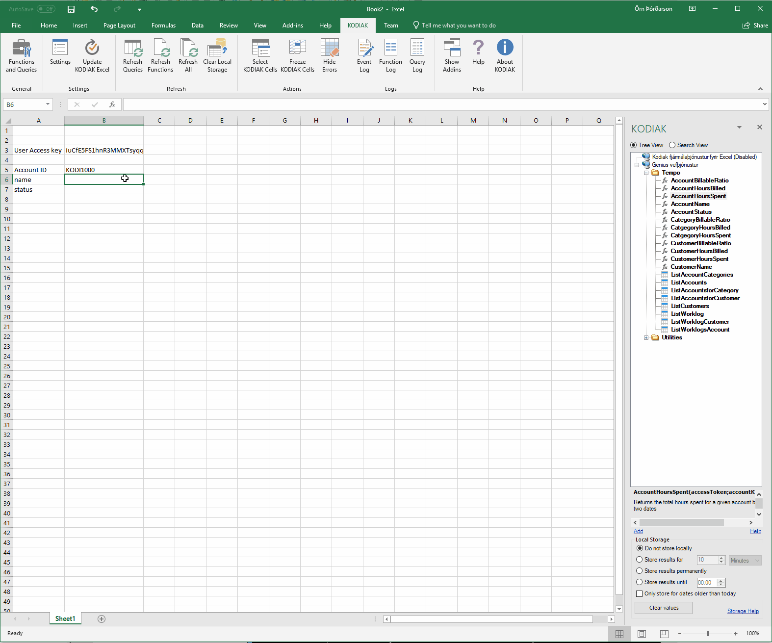 Using simple functions in KODIAK Excel