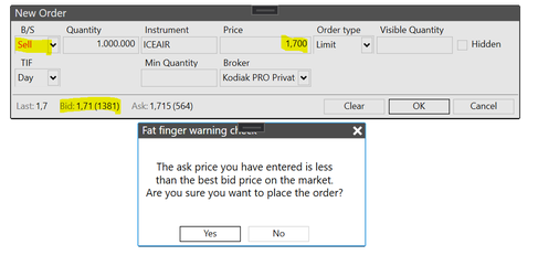 Fat finger warning when Sell price is less then Bid